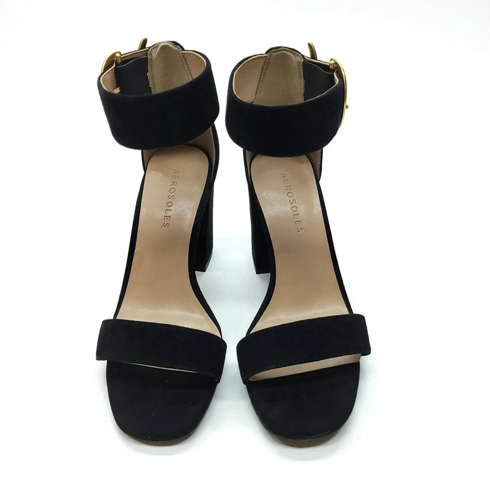 Aerosoles Landon Dress Shoe 5 M‎ Black Suede Square Toe Ankle Strap Sandal Heels
